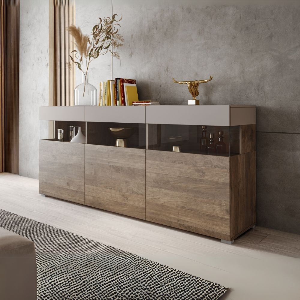 Madia Itaca 3 ante in noce eastwood e cashmere con dettagli in vetro 180x41.2x80H - Ordine ed Eleganza