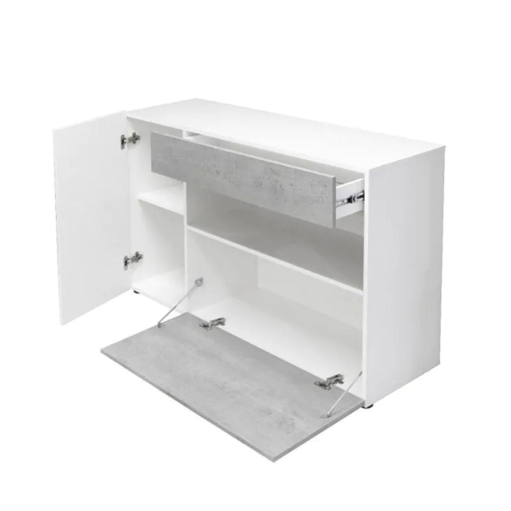 Madia Astra cemento e bianco con 2 ante cassetto e vano a giorno 130x41.2x82H