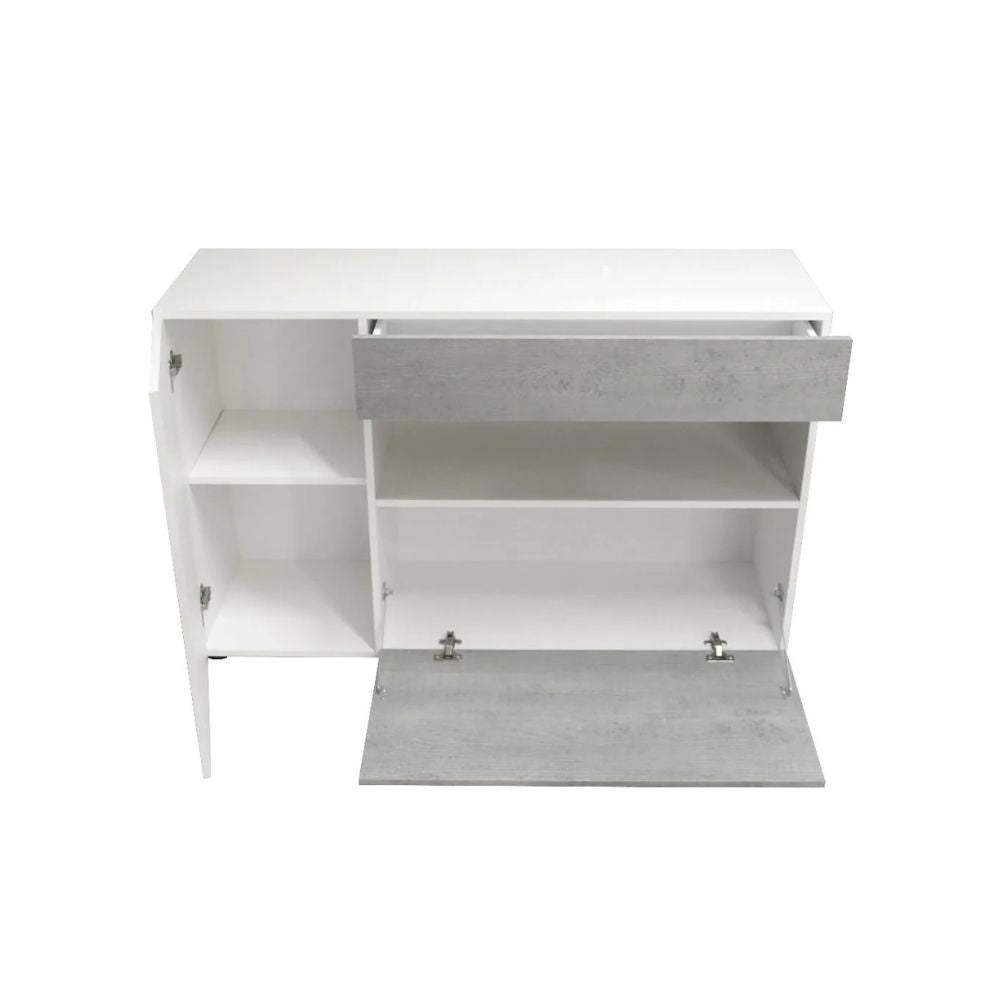 Madia Astra cemento e bianco con 2 ante cassetto e vano a giorno 130x41.2x82H
