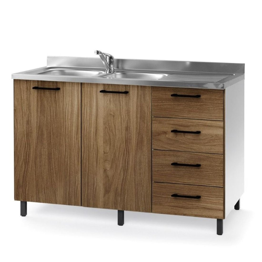 Waschbeckenunterschrank mit Schubladen, Farbe Naturwalnuss, und Spüle inklusive, 120 cm, rechts