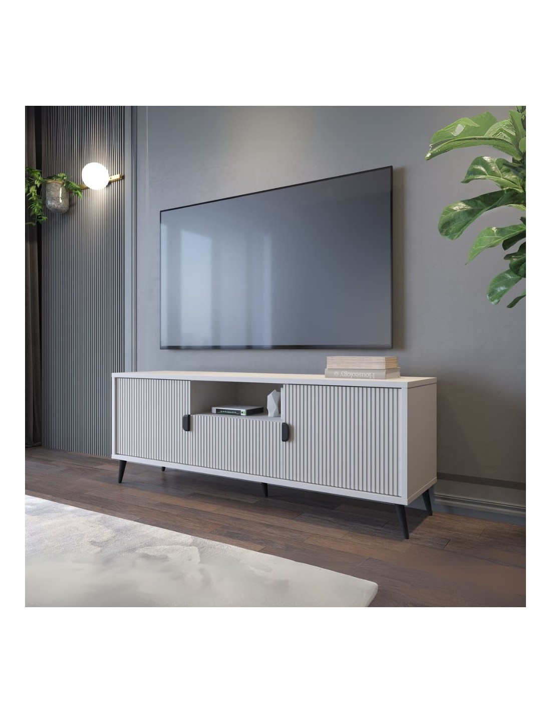 Mobile porta TV con 2 ante e frontali cannettati colore cashmere opaco 153,4 cm - Solfi
