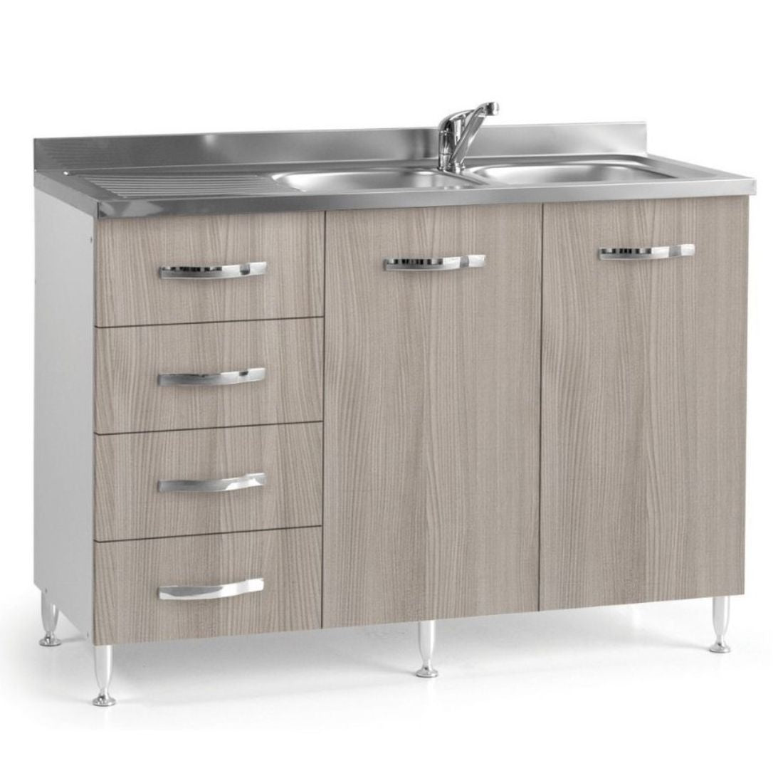 Waschbeckenunterschrank mit linksseitigem Schubladenelement und inklusivem Spülbecken, Farbe Ulme, 120 cm