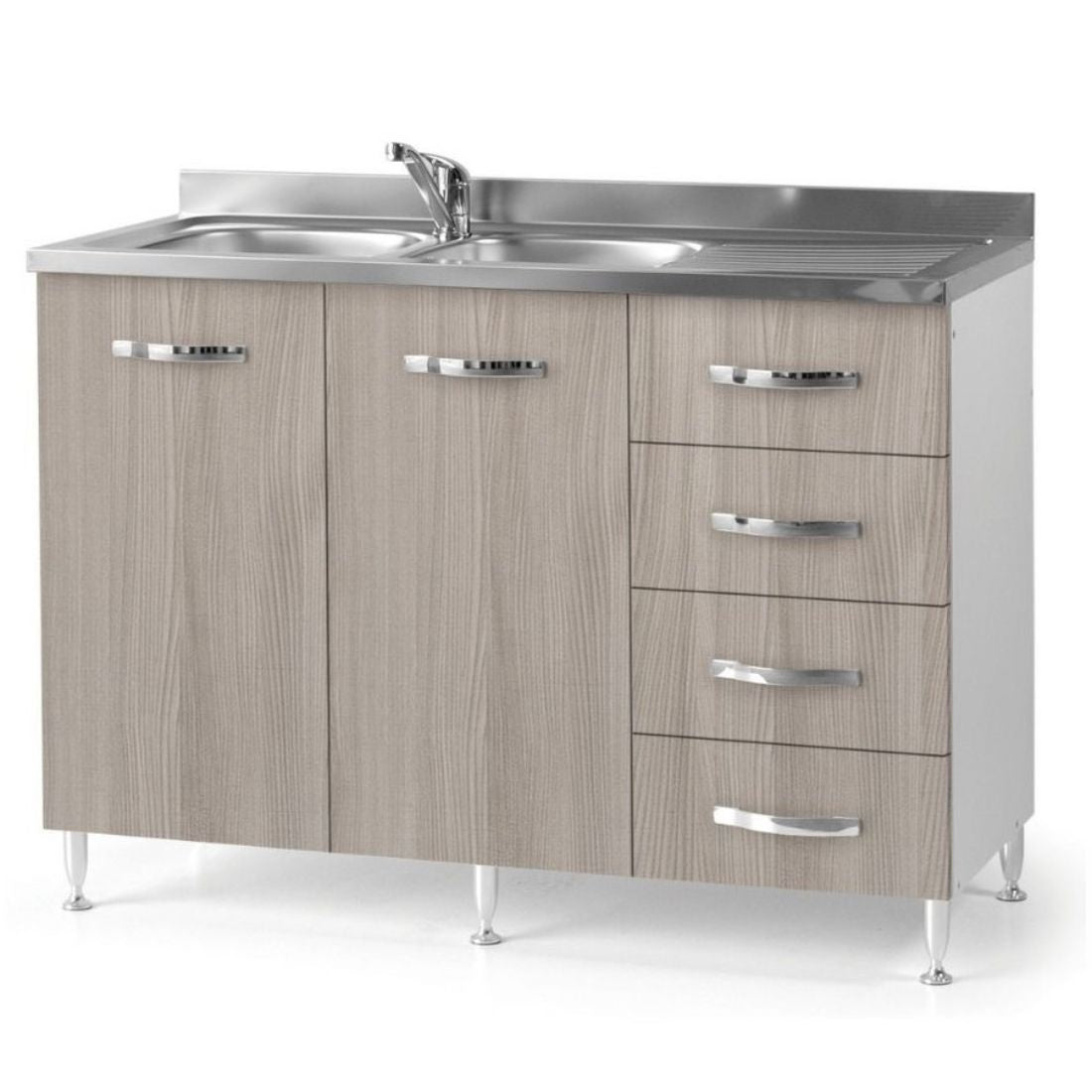 Spülenschrank mit rechter Schubladeneinheit und Waschbecken in Ulmenfarbe, 120 cm