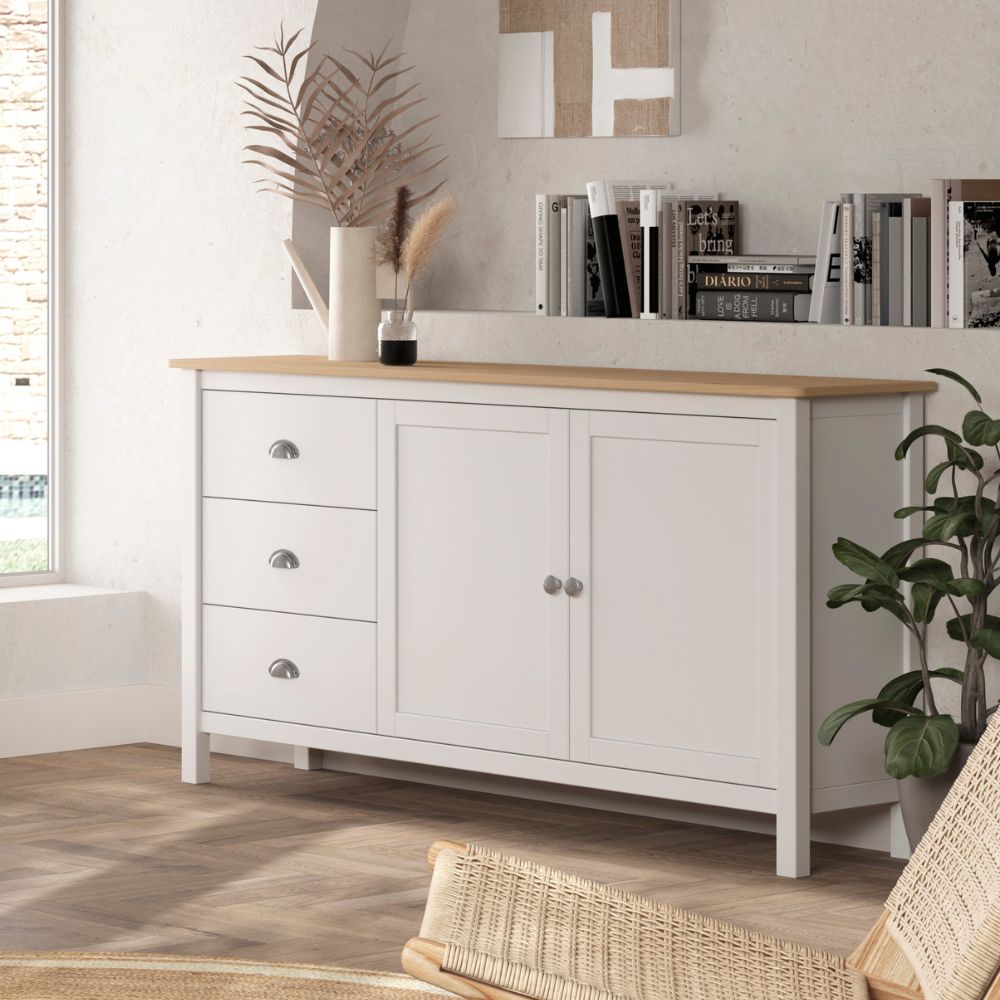 Sideboard mit 2 Türen und 3 Schubladen aus Massivholz, weiß und Eiche Misti 150x40x80H