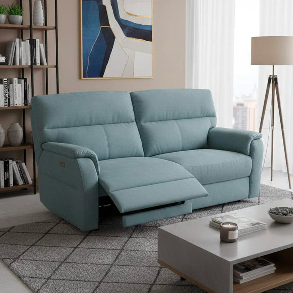 Divano relax 3 posti con 2 recliner elettrici in tessuto idrorepellente azzurro Alice