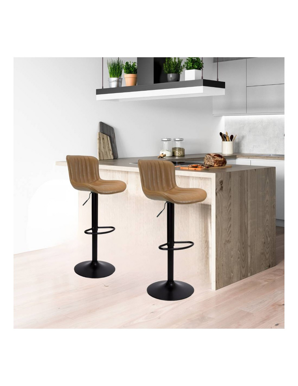 Verstellbarer Hocker mit Sitzfläche aus taupefarbenem Kunstleder und schwarzem Metallsockel - Snas