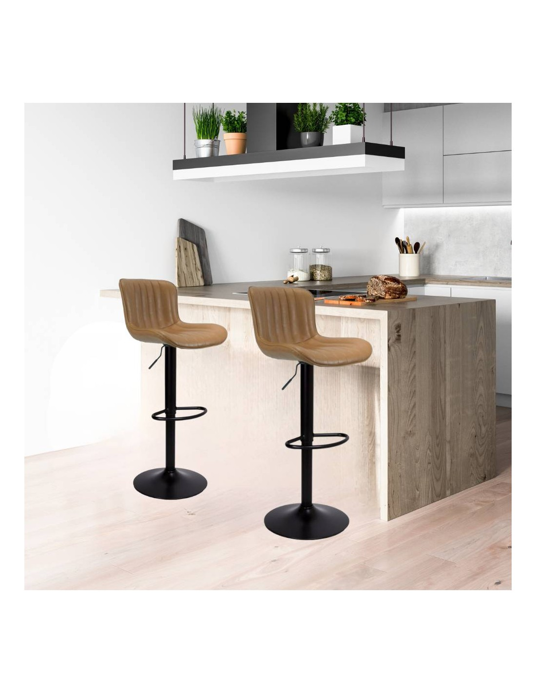 Verstellbarer Hocker mit Sitzfläche aus taupefarbenem Kunstleder und schwarzem Metallsockel - Snas