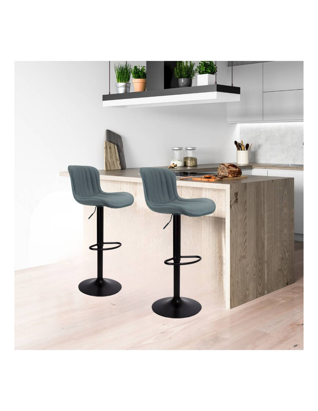 Verstellbarer Hocker mit Sitzfläche aus grauem Kunstleder und schwarzem Metallfuß - Snas
