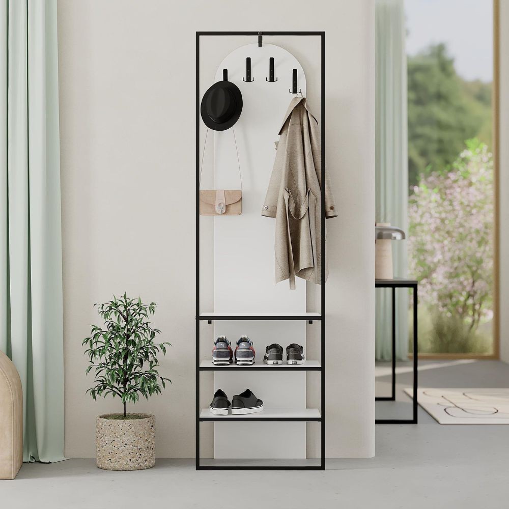 Mobile ingresso bianco Archy con appendiabiti e scarpiera 53x31.7x180H - Stile industriale e organizzazione