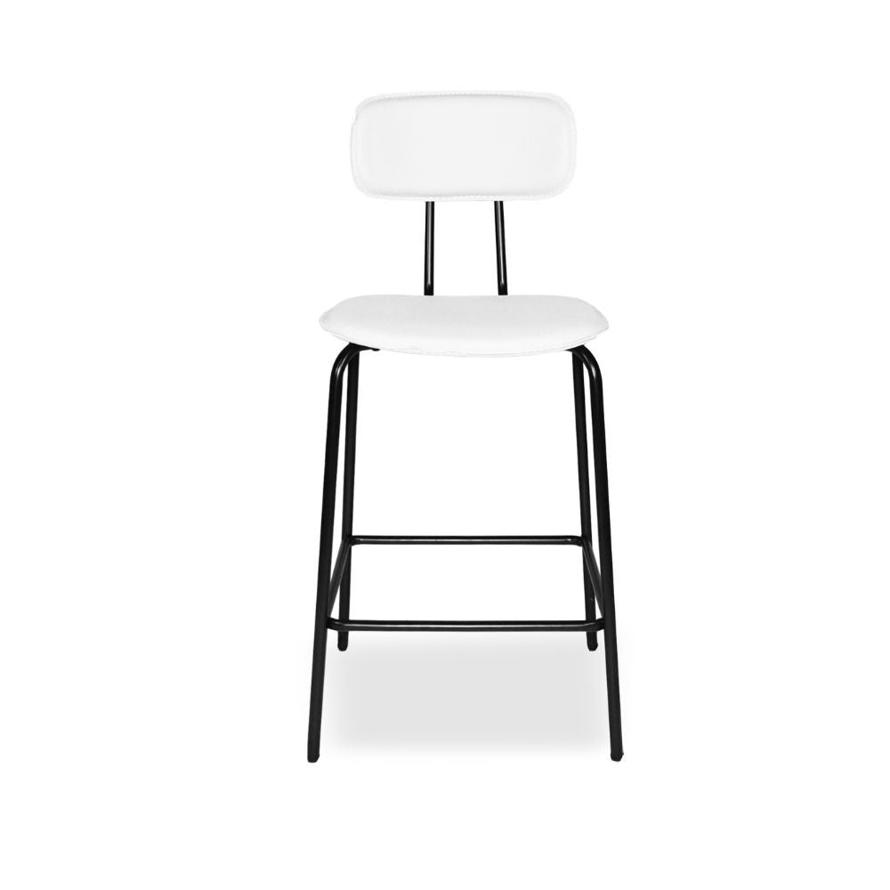 Sgabello Glami con struttura in metallo nero e seduta in ecopelle bianco