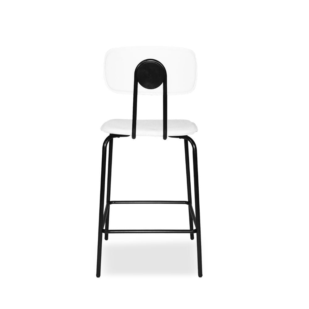Sgabello Glami con struttura in metallo nero e seduta in ecopelle bianco