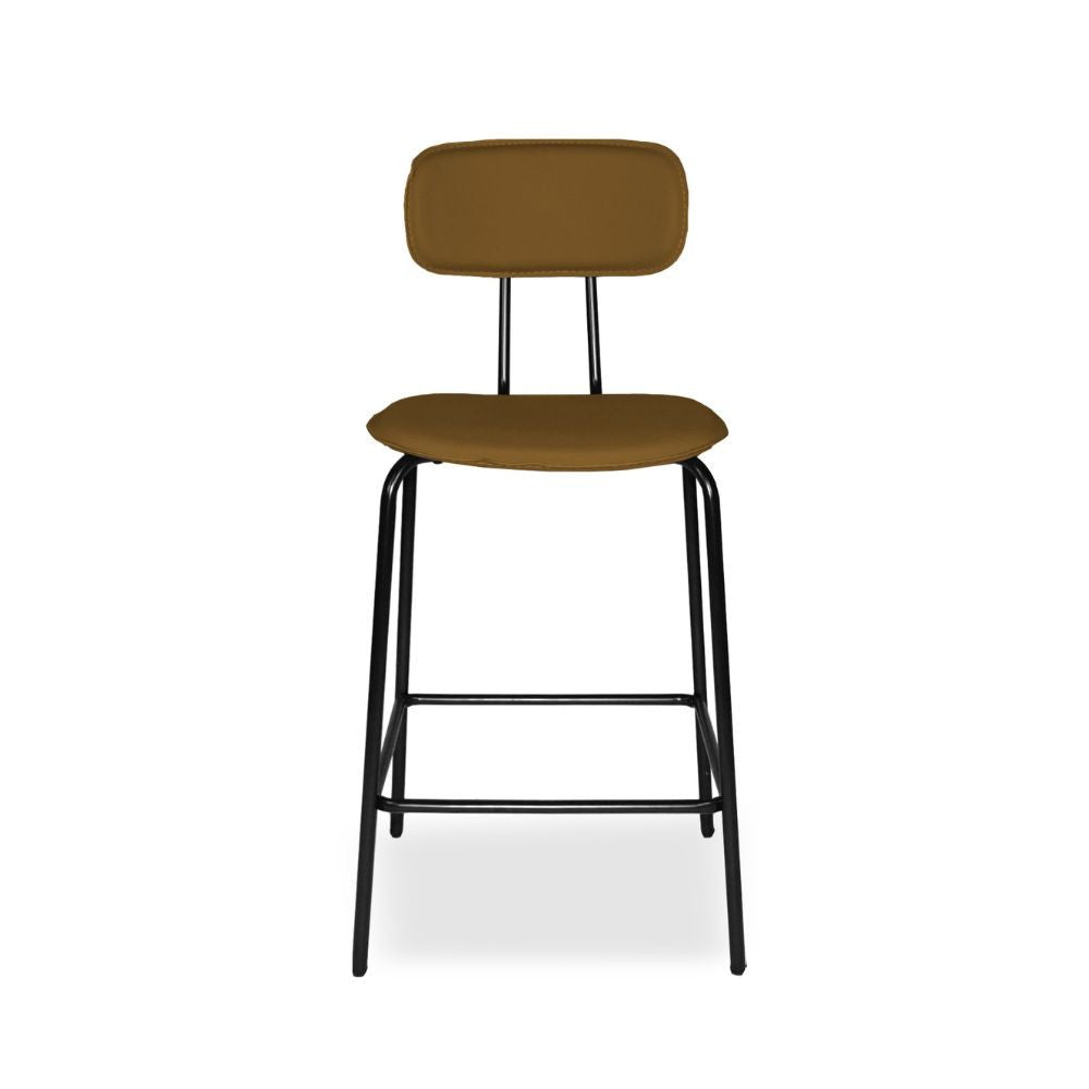 Sgabello Glami con struttura in metallo nero e seduta in ecopelle brown