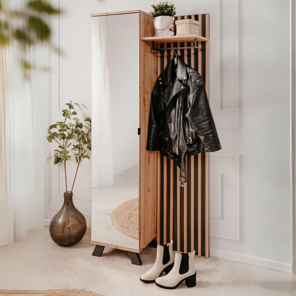 Mobile ingresso con frontale cannettato e anta a tutto specchio colore quercia e antracite 80x190H cm - Medan4