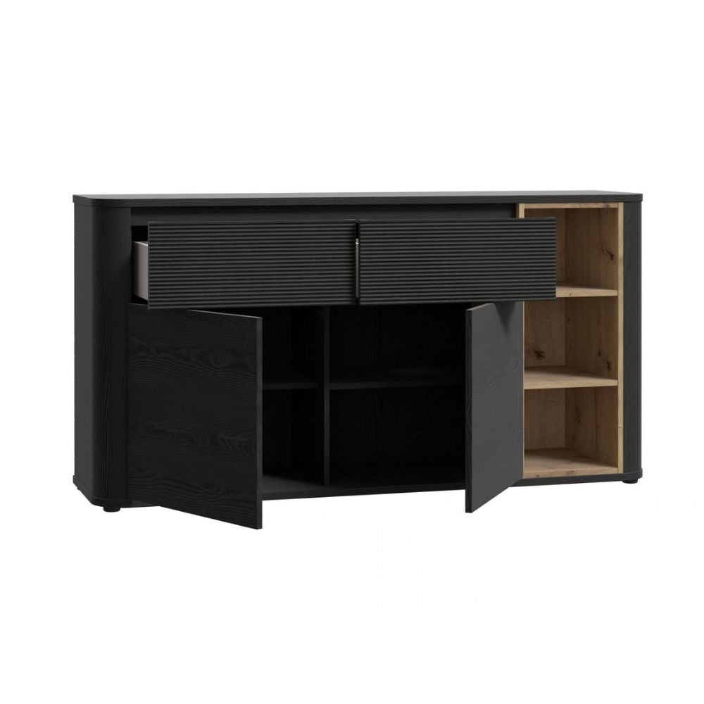 Madia 2 ante 2 cassetti con vani a giorno 160 cm nero e dettaglio rovere Origin Core