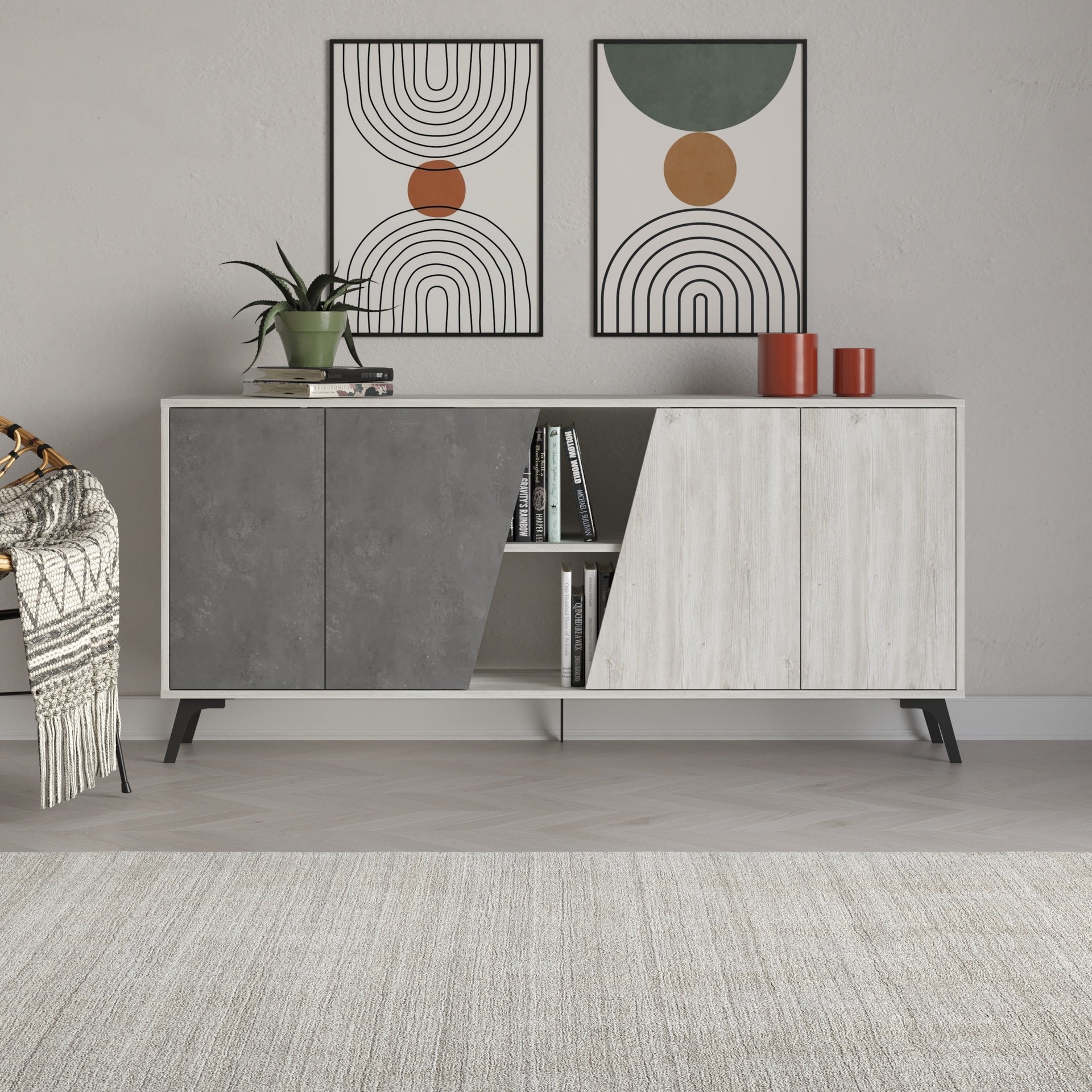Madia con ante colore bianco vintage e cemento 180 cm - Fiona