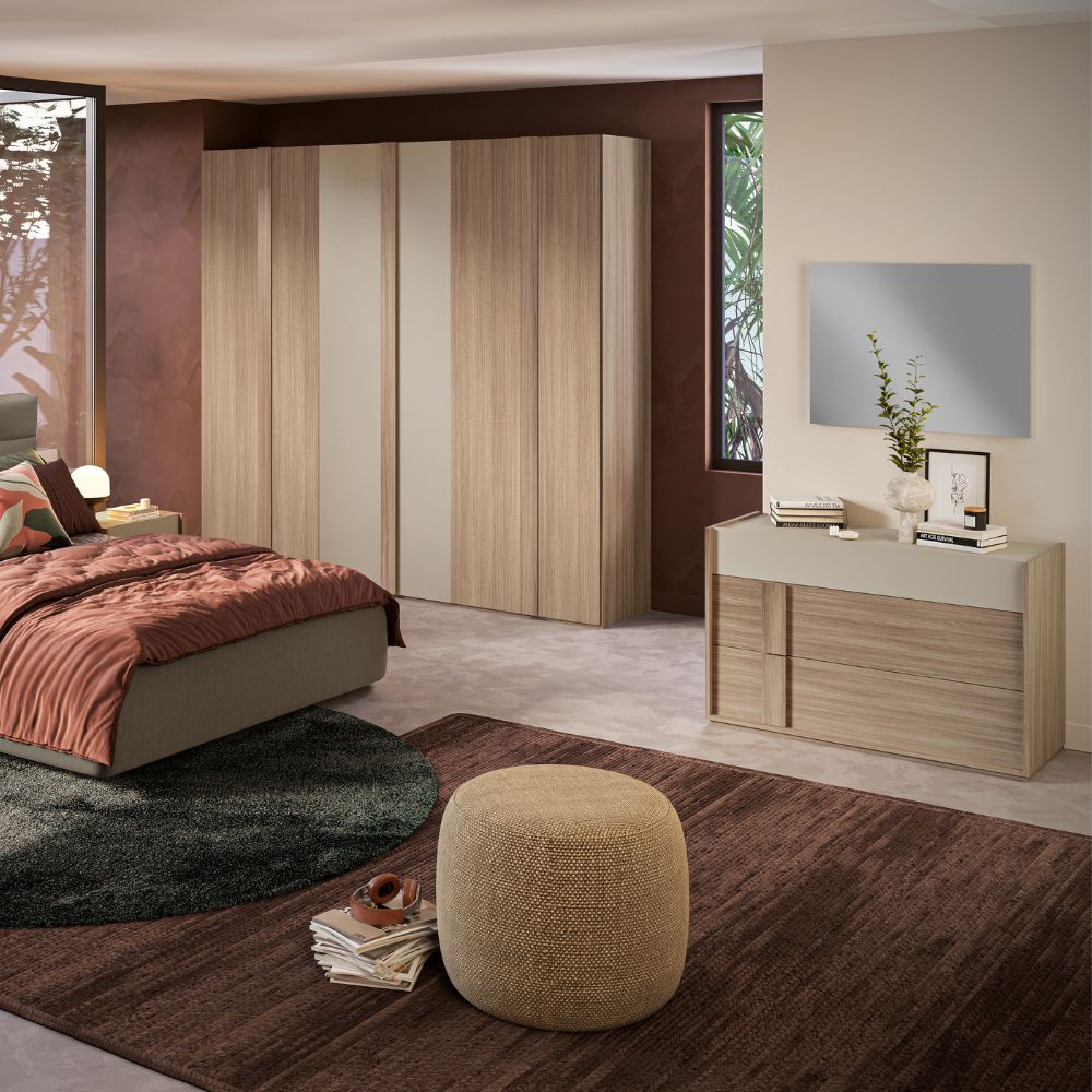 Camera da letto completa con letto contenitore e armadio 6 ante battenti colore noce e talco - Faba