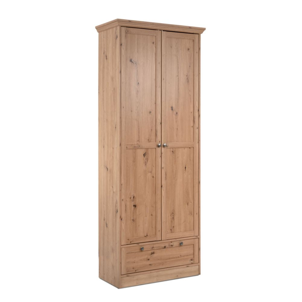 Kleiderschrank mit 2 Türen und einer Schublade, Farbe Altholz Eiche 80x200H cm - Tiberio