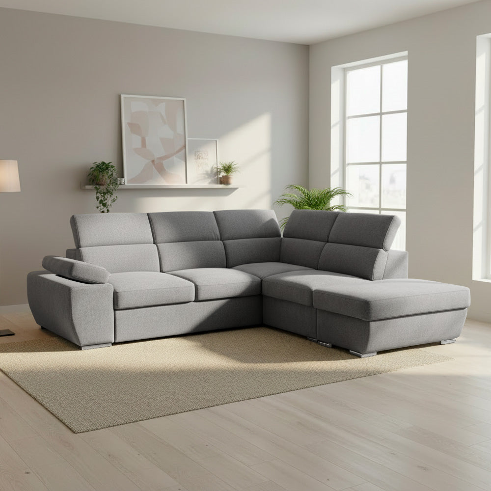 Divano letto angolare destro con pouf contenitore e poggiatesta regolabili colore grigio 264x224x78H Arizona