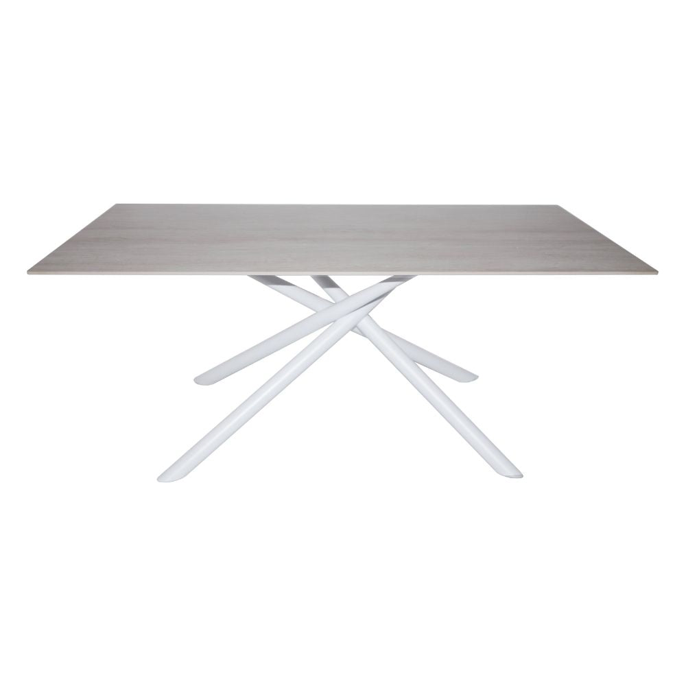 Tavolo fisso con piano effetto marmo travertino e struttura in metallo bianco stile Shangai 180x90 Corveo