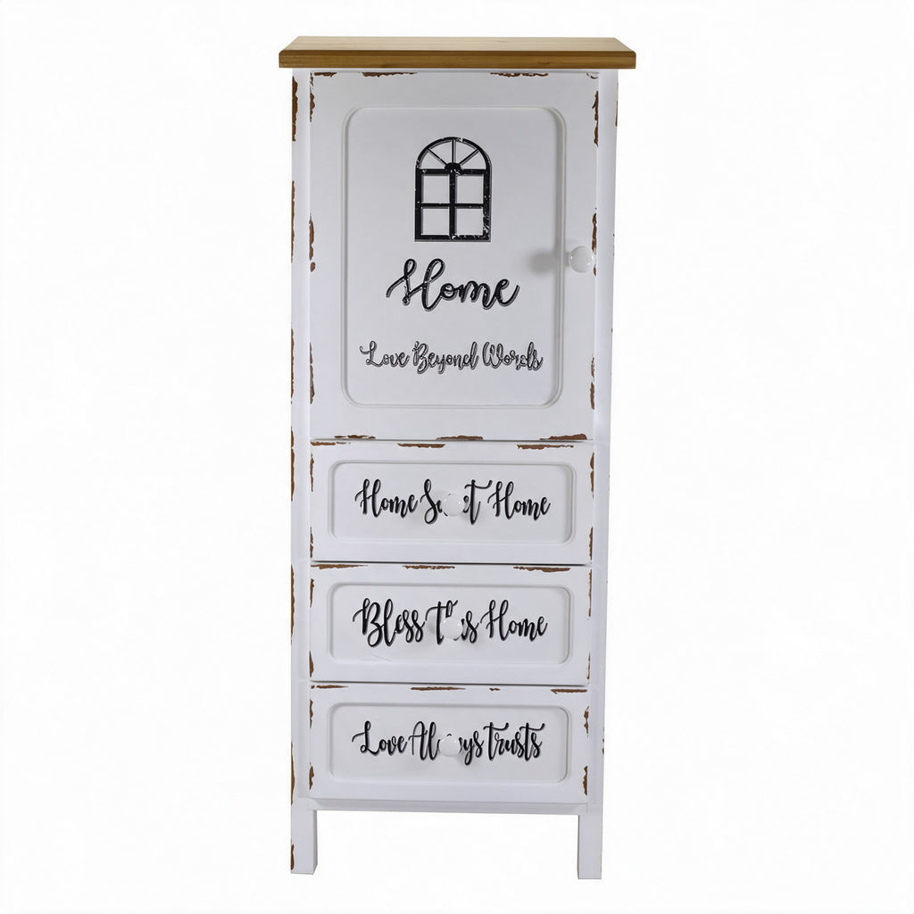 Mobile multiuso shabby chic 1 anta 3 cassetti bianco e top rovere H 120 cm Breslavia