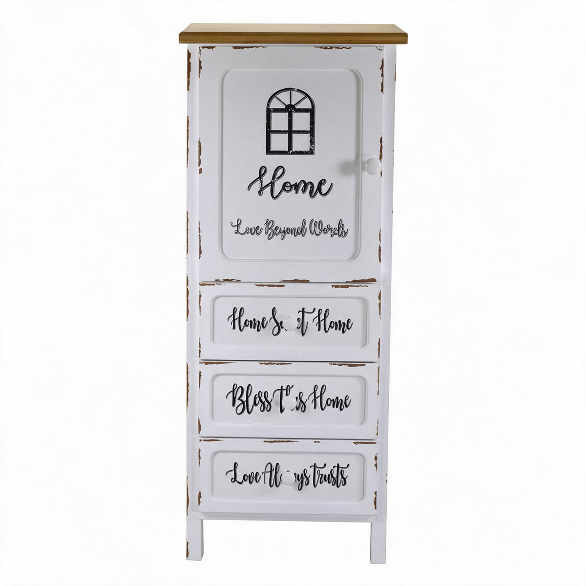 Mobile multiuso shabby chic 1 anta 3 cassetti bianco e top rovere H 120 cm Breslavia