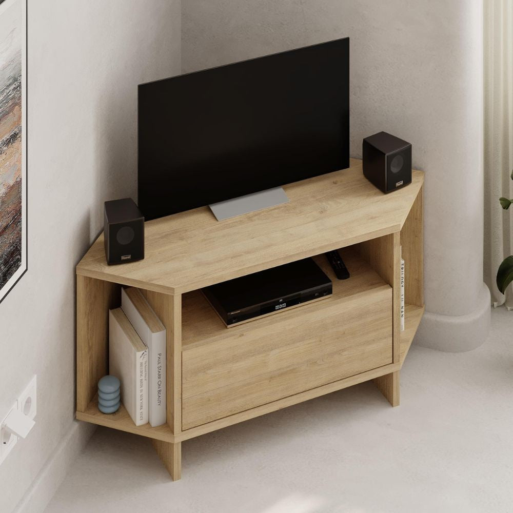 Porta TV angolare Viva colore Rovere 95.7x35.4x45.3H - Design Funzionale per spazi intelligenti