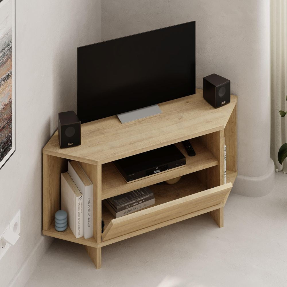 Porta TV angolare Viva colore Rovere 95.7x35.4x45.3H - Design Funzionale per spazi intelligenti