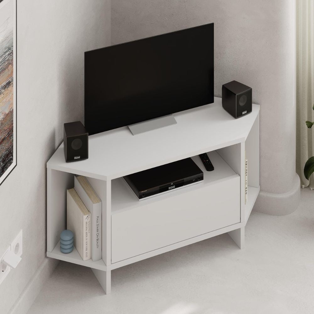 Porta TV angolare Viva colore bianco 95.7x35.4x45.3H - Design Funzionale per spazi intelligenti