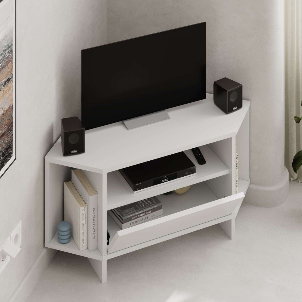 Porta TV angolare Viva colore bianco 95.7x35.4x45.3H - Design Funzionale per spazi intelligenti