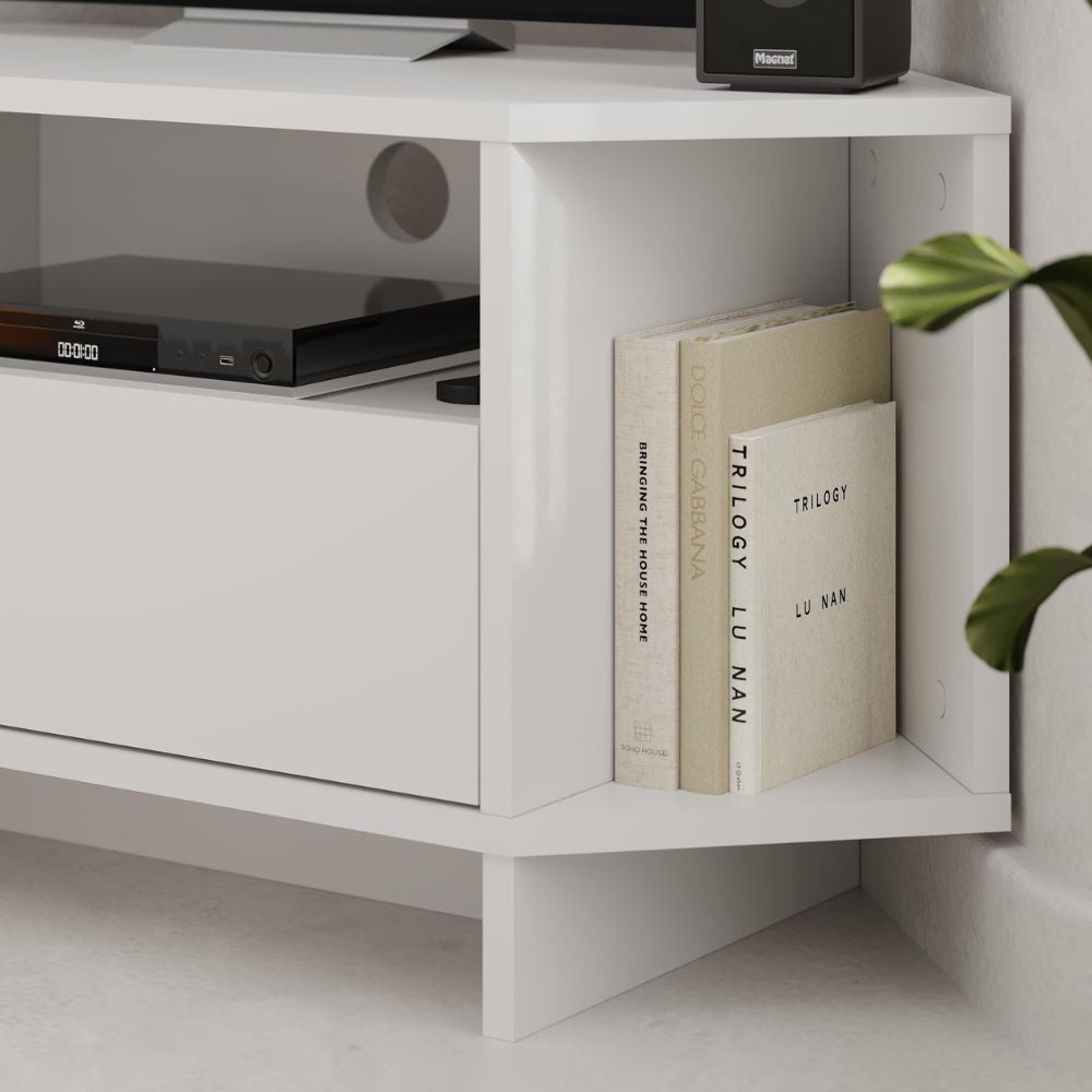 Porta TV angolare Viva colore bianco 95.7x35.4x45.3H - Design Funzionale per spazi intelligenti