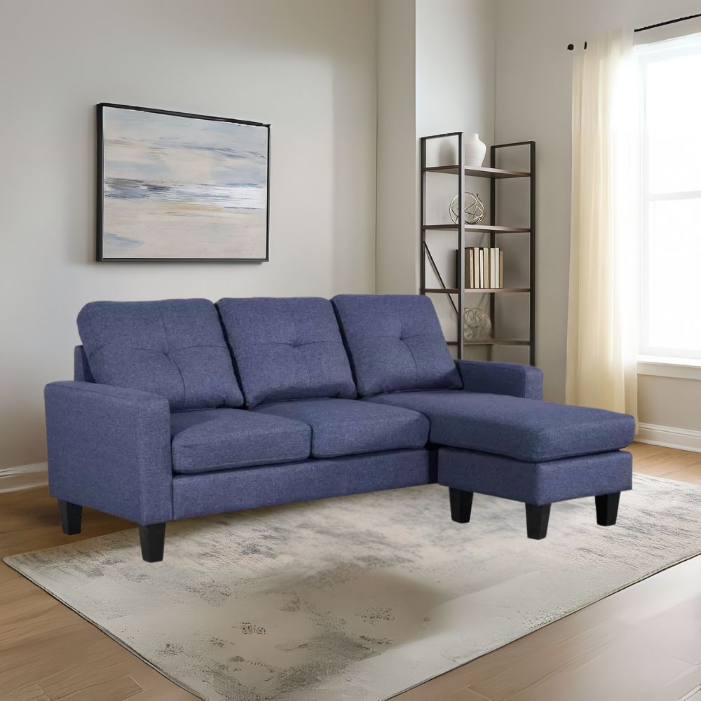 Divano 3 posti con pouf e chaise longue componibile colore blu 195x130x88H Giulivo