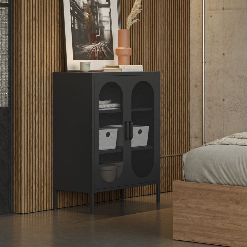 Mobile in metallo Diora nero con ante reticolate 70x40x100H - Design industriale, anima versatile
