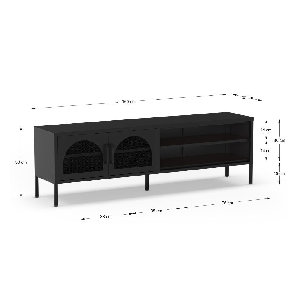 Mobile porta TV in metallo Diora nero con 2 ante reticolate 160x35x50H - Design industriale, anima versatile