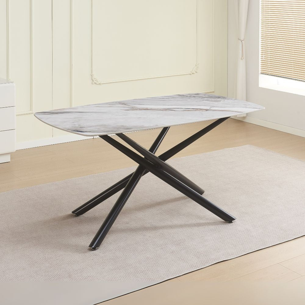 Tavolo con piano in ceramica effetto marmo grigio e gambe in metallo nero 160x90x76H Linus