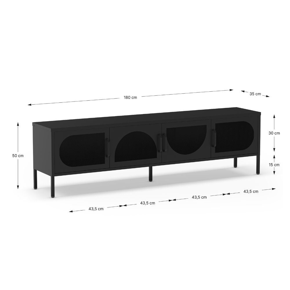Porta TV in metallo Tayra con 4 ante reticolate nero 180x35x50H - Stile moderno e anima industrial