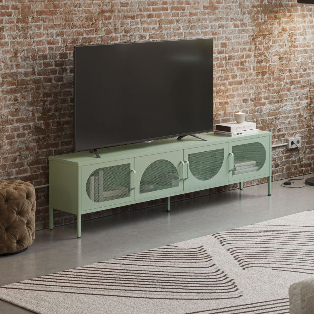 Porta TV in metallo con 4 ante reticolate colore verde menta 180x35x50H Tayra