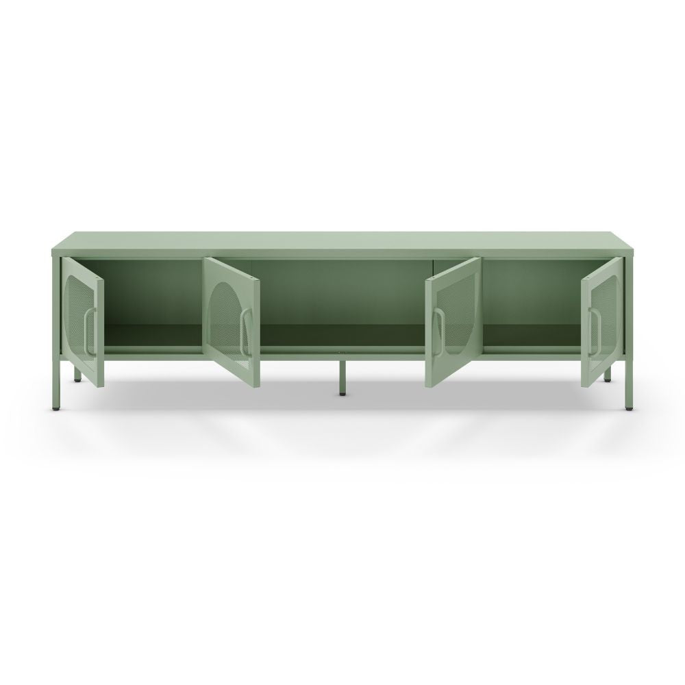 Porta TV in metallo Tayra con 4 ante reticolate verde menta 180x35x50H - Stile moderno e anima industrial