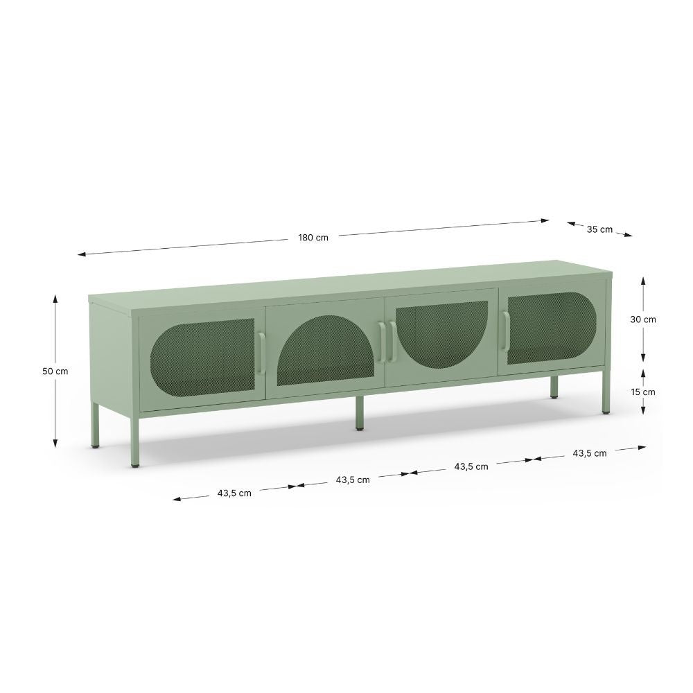 Porta TV in metallo Tayra con 4 ante reticolate verde menta 180x35x50H - Stile moderno e anima industrial