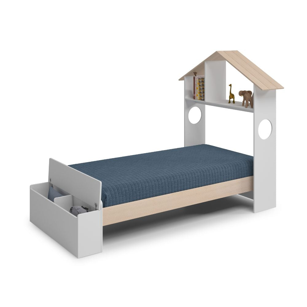 Letto singolo in legno con testiera a casetta e pediera contenitore colore bianco - Odessa