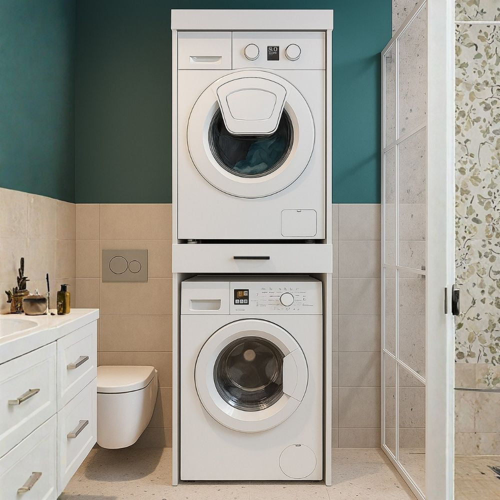 Colonna bucato coprilavatrice e copriasciugatrice con cassetto appoggio colore bianco Fika