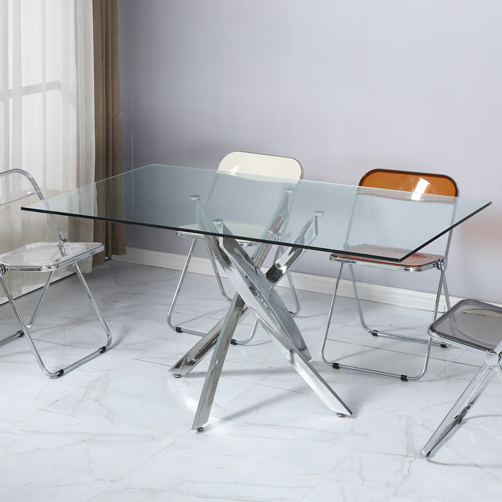 Tavolo 160×90 cm in vetro temperato con gambe incrociate cromate Peyton