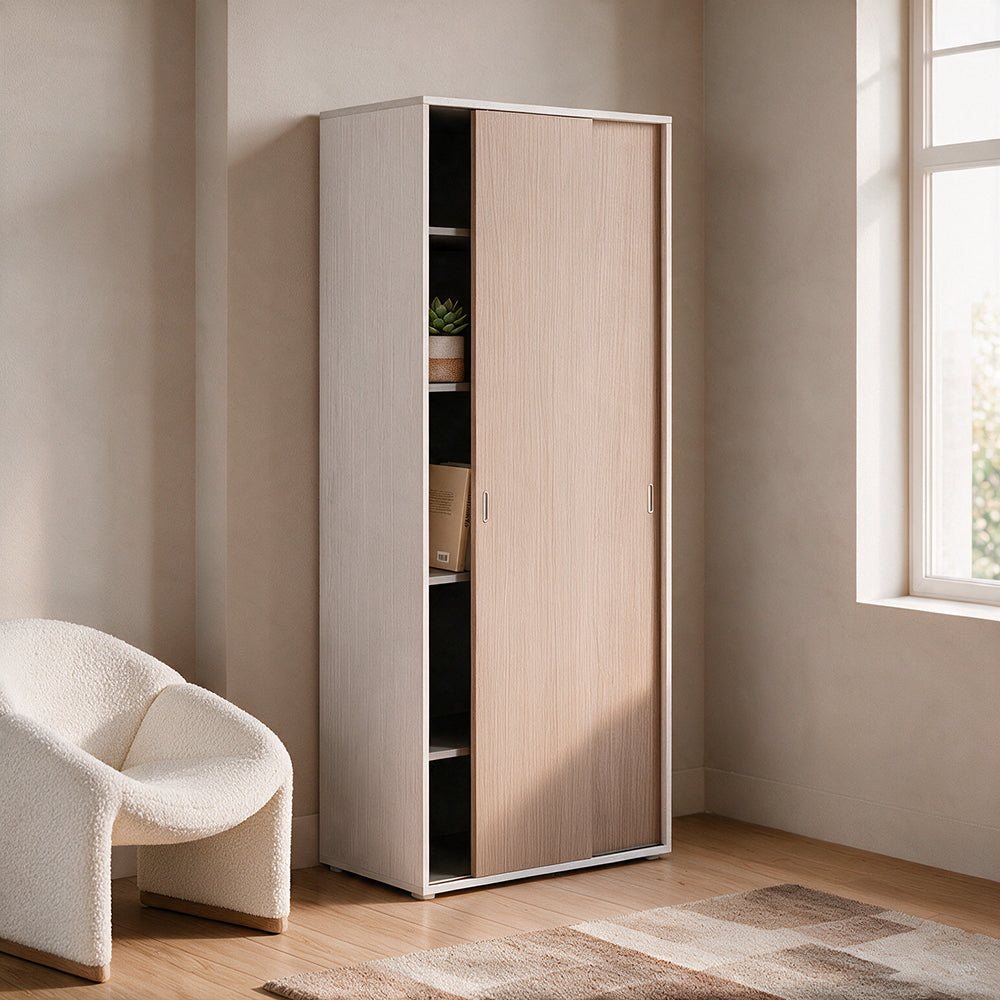 Kleiderschrank mit zwei Schiebetüren und Einlegeböden in Esche weiß und Ulme 90x212H cm