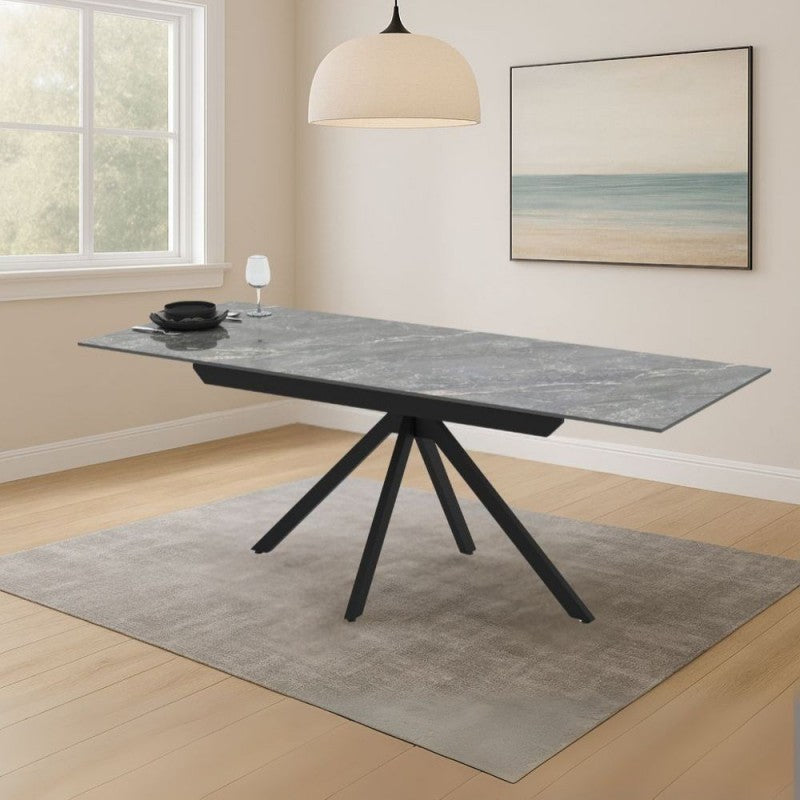 Tavolo allungabile in ceramica effetto marmo grigio e gambe in metallo nero 140/200x80x76H Perla