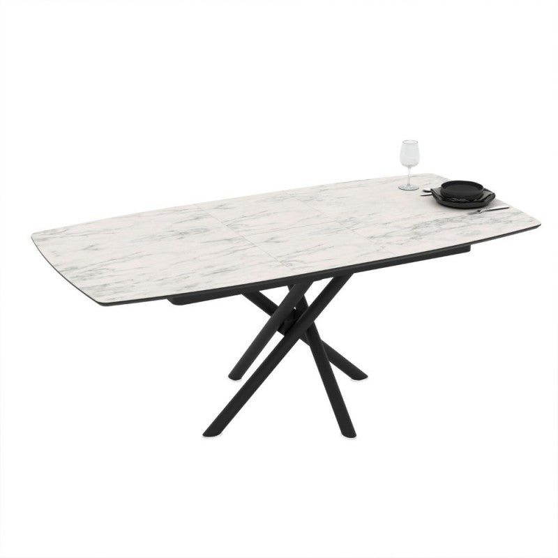 Tavolo allungabile con piano marmo bianco e gambe a stelo incrociate nere 138/178x90x76H Katrin