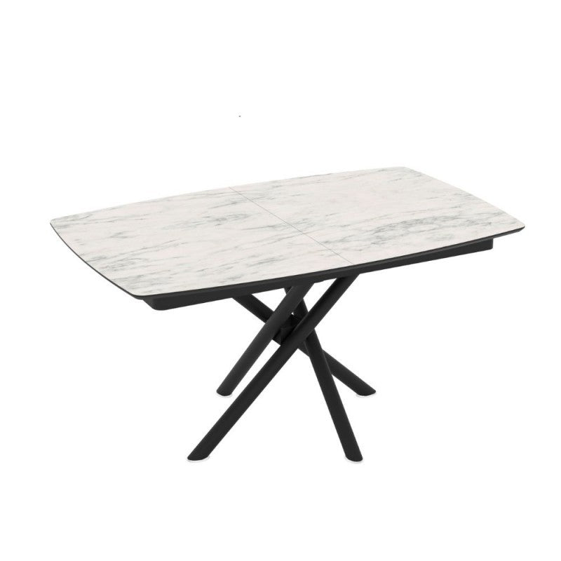Tavolo allungabile con piano marmo bianco e gambe a stelo incrociate nere 138/178x90x76H Katrin