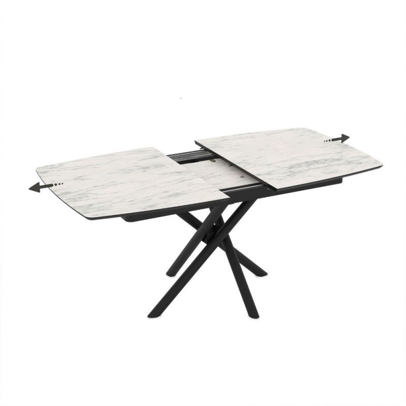 Tavolo allungabile con piano marmo bianco e gambe a stelo incrociate nere 138/178x90x76H Katrin