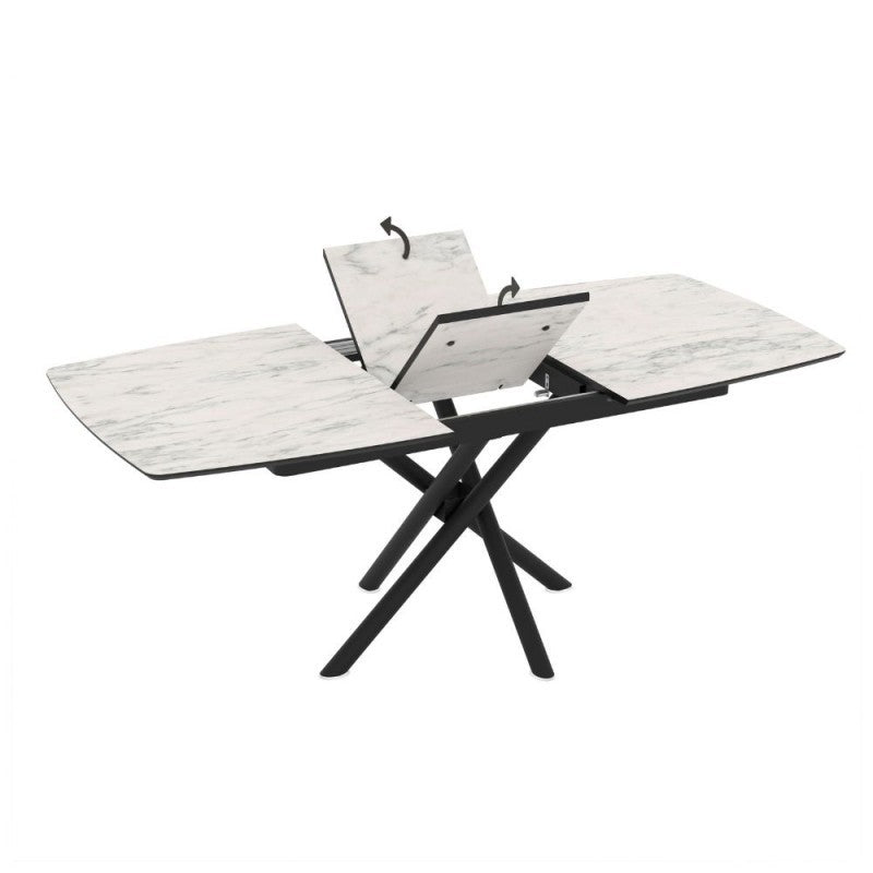 Ausziehbarer Tisch mit weißer Marmorplatte und schwarzen gekreuzten Stielbeinen 138/178x90x76H Katrin