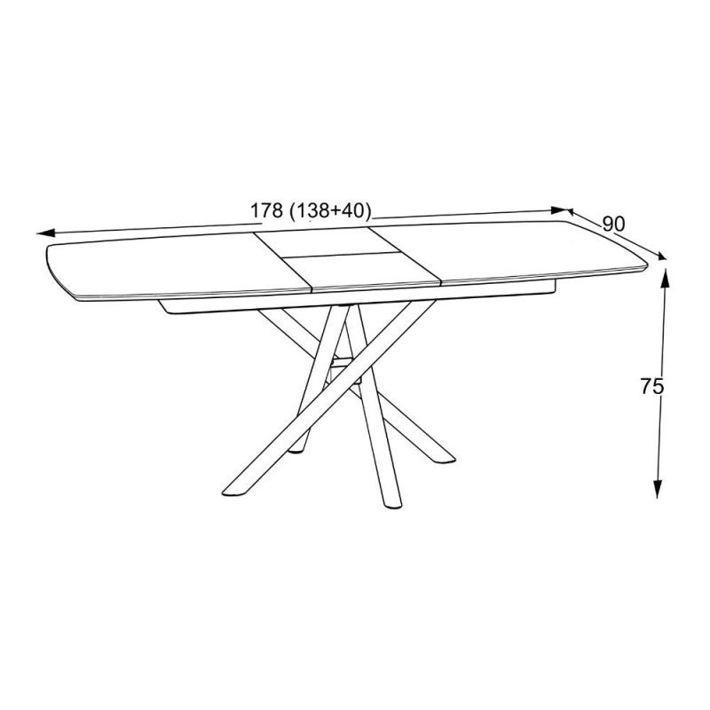 Ausziehbarer Tisch mit weißer Marmorplatte und schwarzen gekreuzten Stielbeinen 138/178x90x76H Katrin