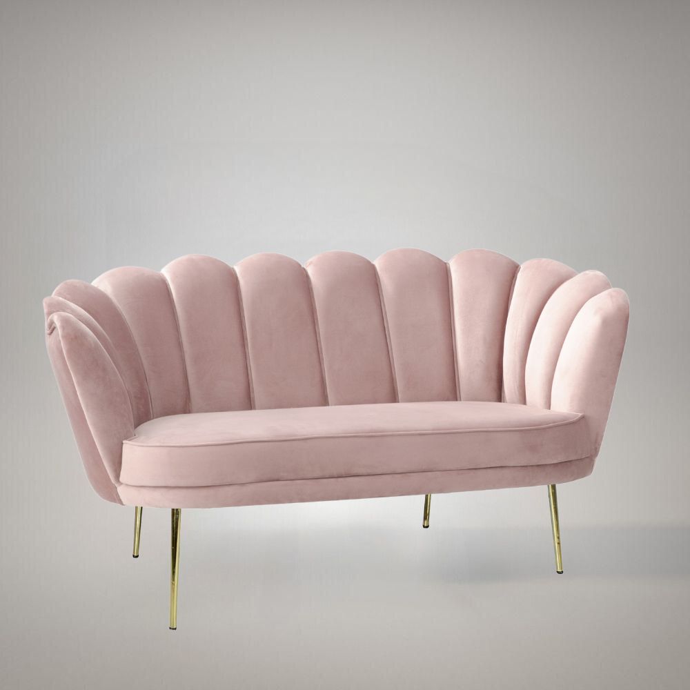 Divano a conchiglia due posti tessuto color rosa e piedi oro 135x75H cm - Orel
