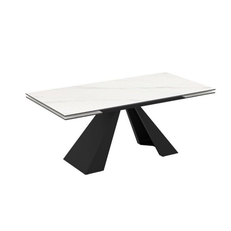 Tavolo allungabile piano in ceramica effetto marmo bianco e gambe in metallo nero 180x90x77H Monza